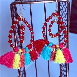 Red bead with multi color tassels earrings